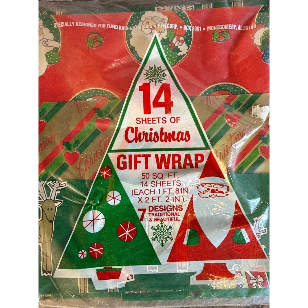VTG 1960s FFR Corp Christmas Gift Wrap 14 Sheets New 7 Designs 50SF Sealed USA
